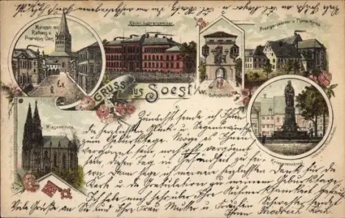 Litho Soest in Westfalen, Marktstraße, Rathaus, Dom, Lehrerseminar, Wiesenkirche