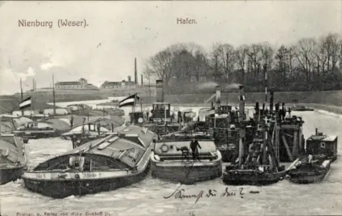 Ak Nienburg an der Weser,  Hafen, Verlag Willy Eickhoff Jr.