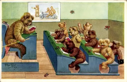 Künstler Ak Thiele, Arthur, Teddyschule, Lesestunde, Marienkäfer