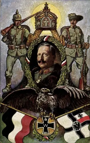 Künstler Ak Kaiser Wilhelm II., Kolonialkriegerdank, Soldaten, Fahnen, Adler