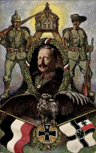Künstler Ak Kaiser Wilhelm II., Kolonialkriegerdank, Soldaten, Fahnen, Adler