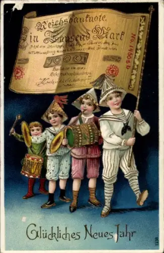 Ak Glückwunsch Neujahr, Musizierende Kinder, Reichsbanknote 1000 Mark
