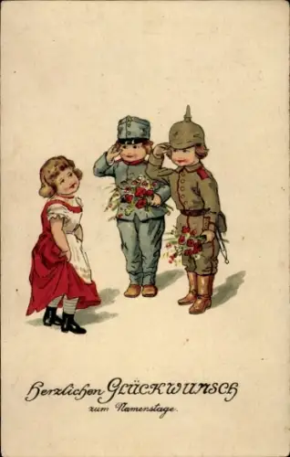 Ak Glückwunsch Namenstag, Kinder in Uniform