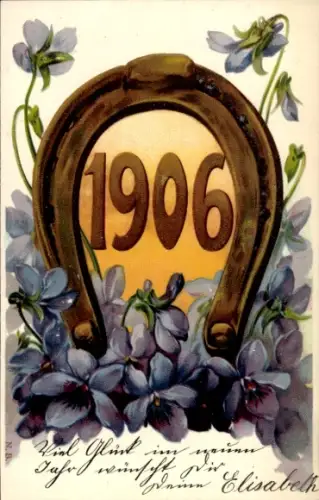 Litho Glückwunsch Neujahr, Jahreszahl 1906, Hufeisen, Veilchen