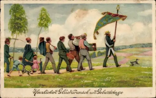 Künstler Ak Glückwunsch Geburtstag, Fahnenträger, musizierende Männer