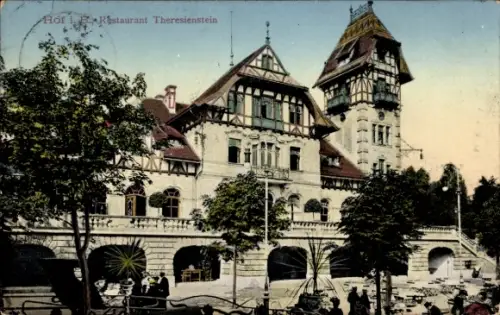 Ak Hof an der Saale Bayern, Restaurant Theresienstein, Treppe, Turm