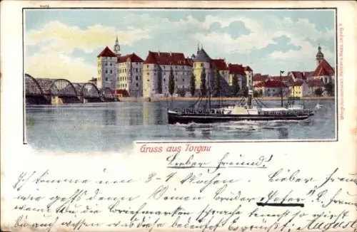 Ak Torgau an der Elbe, Teilansicht, Dampfer