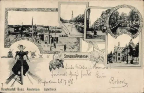 Ak Amsterdam Nordholland Niederlande, Museum, Frau in Tracht, Radfahrerin