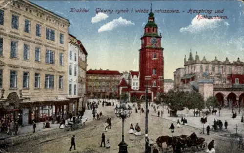 Ak Kraków Krakau Polen, Hauptring und Rathausturm