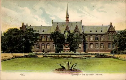Ak Kiel, KIEL, Gymnasium mit Bismarck-Denkmal