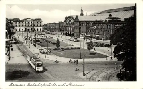 Ak Hansestadt Bremen, Bahnhofsplatz mit Museum, Straßenbahn