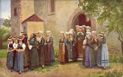 Künstler Ak Hoffmann, H., Kirchgang im Schwarzwald, Frauen in Volkstrachten