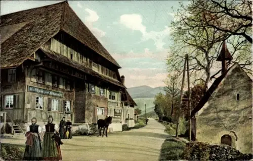 Ak Trachten Schwarzwald, Schwarzwaldhaus, Mädchen, Gasthaus