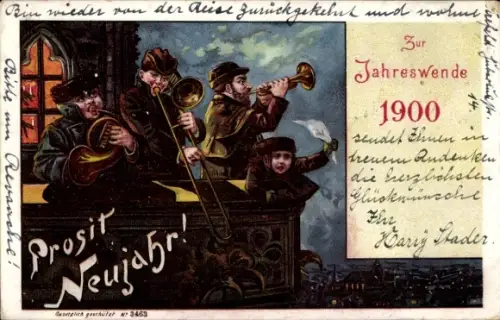 Litho Glückwunsch Neujahr, Männer spielen Musikinstrumente