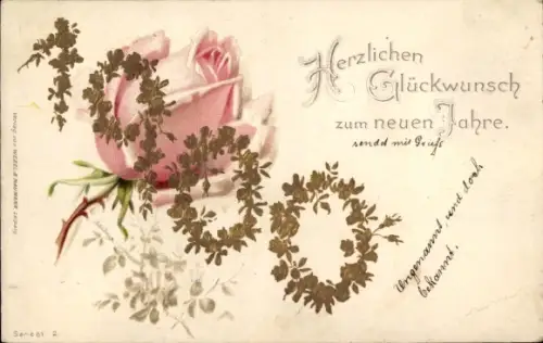 Litho Glückwunsch Neujahr 1900, Blühende Rose