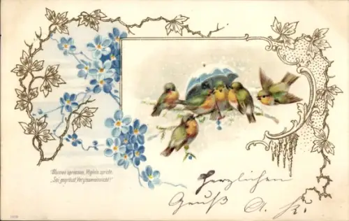 Litho Blumen spriessen, Vöglein spricht: Sei gegrüsst Vergissmeinnicht