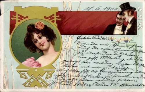 Litho Glückwunsch Neujahr, Junge Dame, Portrait, Zwei Männer, Männerhut, Jugendstil