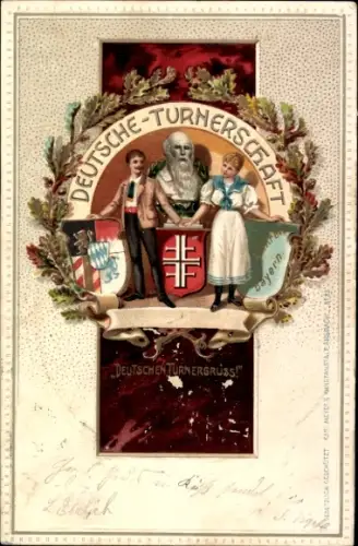Präge Litho Deutsche Turnerschaft, Deutscher Turnergruß, XII. Kreis Bayern, Turnvater Jahn