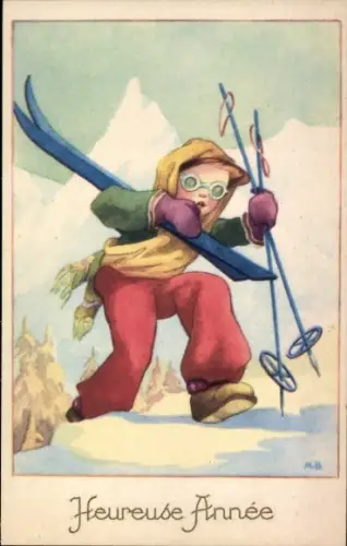 Künstler Ak M. B., Fröhliches Neujahr, Kind mit Skiern und Skistöcken