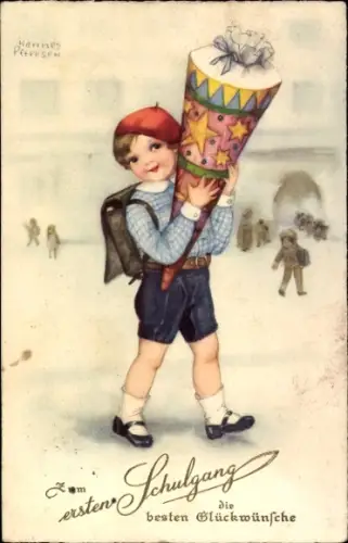 Künstler Ak Petersen, H., Glückwunsch Einschulung, Kind, Schultüte