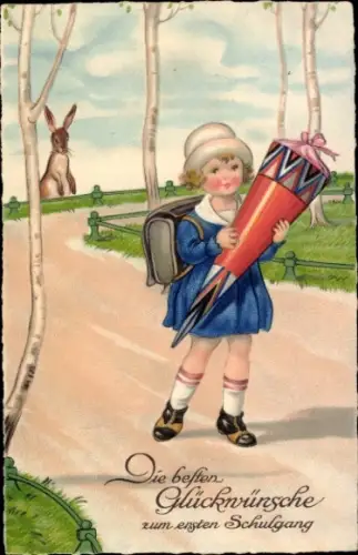 Ak Glückwunsch Einschulung, Kind, Schultüte, Hase
