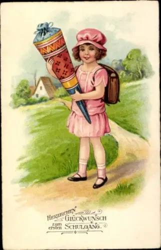 Ak Glückwunsch Einschulung, Mädchen mit Ranzen und Zuckertüte