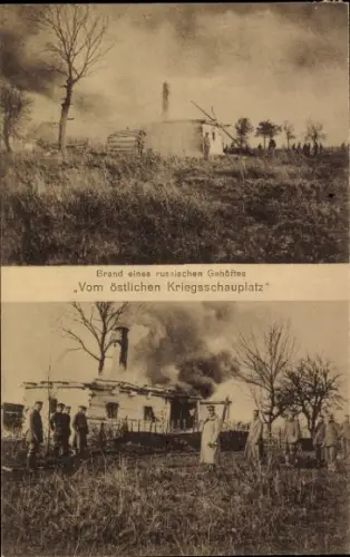 Ak Östlicher Kriegsschauplatz, Brand eines russischen Gehöftes