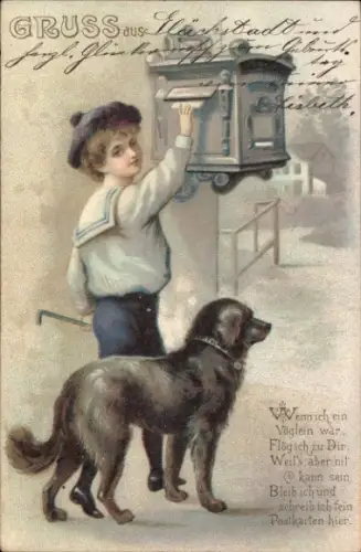 Litho Wenn ich ein Vöglein wär, Junge im Matrosenanzug wirft Brief in Postbriefkasten, Hund