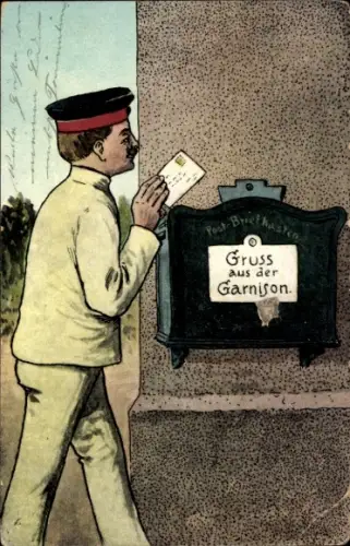 Ak Gruß aus der Garnison, Soldat mit Brief, Postbriefkasten
