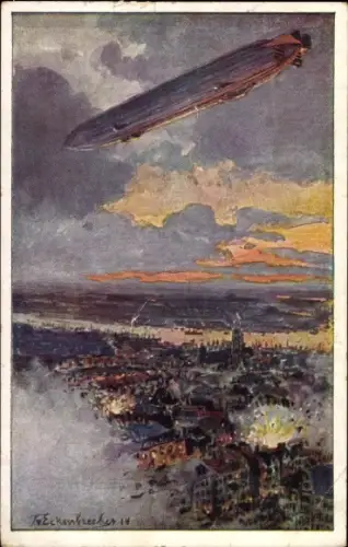 Künstler Ak von Eckenbrecher, Themistokles, Zeppelin über Antwerpen