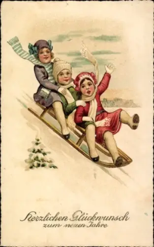 Ak Fröhliches Neujahr, Kinder auf einem Schlitten