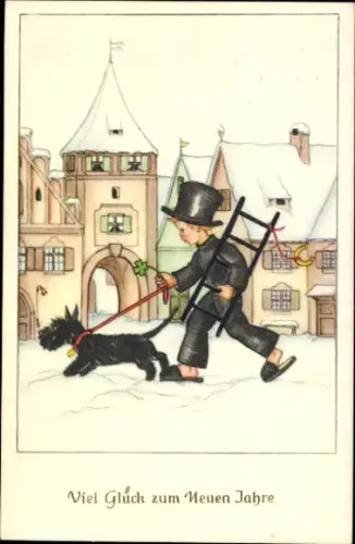 Ak Glückwunsch Neujahr, Schornsteinfeger, Hund