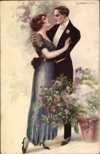 Künstler Ak Corbella, T., Liebespaar, Blumen