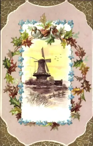 Präge Passepartout Ak Windmühle, Vögel
