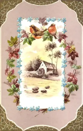 Präge Passepartout Ak Wassermühle, Vögel, Blumen