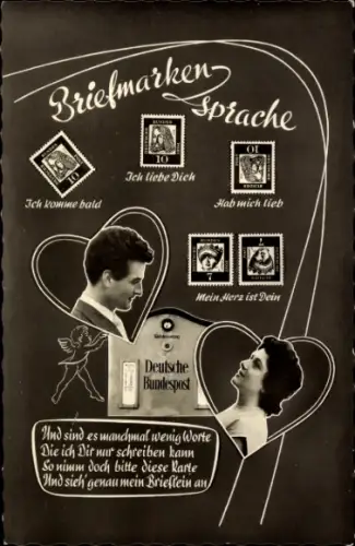 Ak Briefmarkensprache, Liebespaar, Ich liebe dich, Ich komme bald