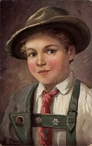 Künstler Ak Kraus, L., Kleiner Junge in bayrischer Tracht, Hosenhalter, Hut