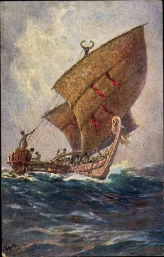 Künstler Ak Bohrdt, Hans, Papua Neuguinea, Das letzte Boot von der Insel Agomes, Kolonialkriegerdank
