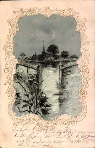 Präge Passepartout Litho Fluss, Kirche, Blumen
