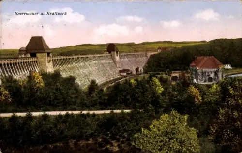 Ak Möhnesee in Nordrhein Westfalen, Sperrmauer und Kraftwerk