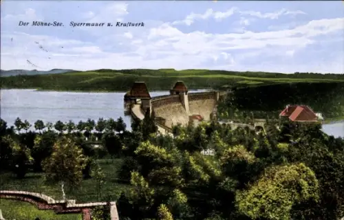 Ak Günne Möhnesee in Westfalen, Möhne-See, Sperrmauer, Kraftwerk, Talsperre bei Günne (Kreis Soes