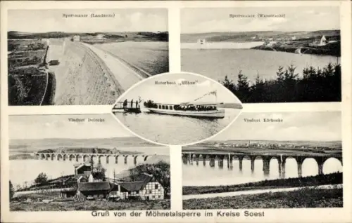 Ak Möhnesee in Westfalen, Möhnetalsperre, Sperrmauer Land- und Wasserseite, Motorboot Möhne, Viad