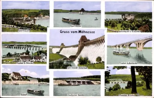 Ak Möhnesee in Westfalen, Möhnetalsperre, Viadukt, Kraftwerk