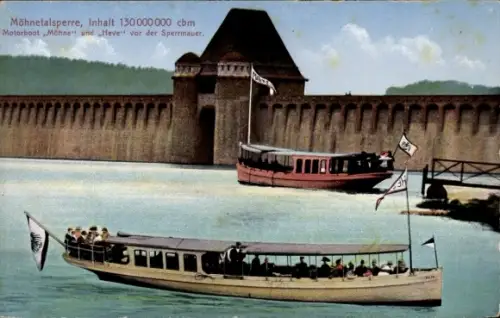 Ak Möhnesee in Westfalen, Möhnetalsperre,  Motorboote Möhne und Heve, Sperrmauer