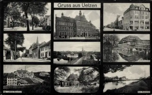 Ak Uelzen in Niedersachsen, Bahnhofstrasse, Realgymnasium, Außenmühle, Lehrer-Seminar, Fischerhof