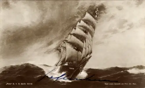 Künstler Ak Rave, Chr., Segelschiff auf See, Autogramm Graf Luckner
