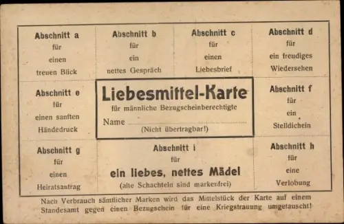 Ak Liebesmittel-Karte für männliche Bezugscheinberechtigte, Abschnitt a für einen treuen Blick