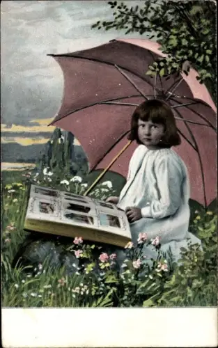 Ak Kinderportrait, Sonnenschirm, Fotoalbum