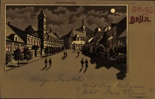 Mondschein Litho Most Brüx Region Aussig, Minoritenplatz