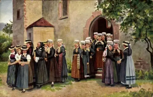 Künstler Ak Hoffmann, H., Kirchgang im Schwarzwald, Frauen in Volkstrachten